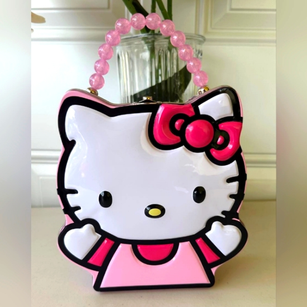 Hello Kitty Pink Tin Purse Storage Box Jeweled Handle